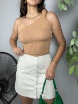 Blusa Cropped Feminino Tricot Modal Um Ombro Só Mula Manca Furinho Nó Lateral Verão
