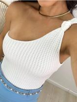 Blusa Cropped Feminino Tricot Modal Um Ombro Só Mula Manca Furinho Verão Natal Festas Carnaval Nó Lateral