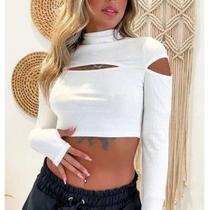 Blusa cropped gola alta feminino detalhe no ombro manga longa canelado blogueira