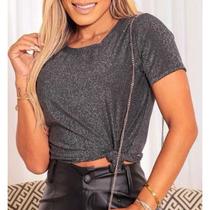 Blusa cropped gola rasa poliamida lurex manga curta - Filó Modas