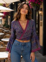 Blusa Cropped Indiana de Seda Boho Transpassada Manga Flare Modelo:MOD03