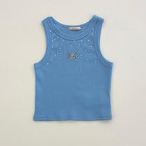 Blusa Cropped Infantil Menina Petit Cherie Azul Borboleta Strass Verão Moda Kids
