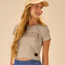 Blusa Cropped Juvenil Menina Pink Soda em Cotton Estampa com Aplique de Strass cor Bege