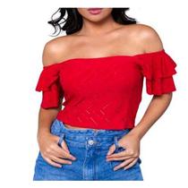 Blusa cropped laise ombro a ombro ciganinha dois babados feminino