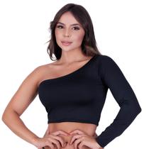 Blusa Cropped Lisa Um Ombro Só Manga Longa