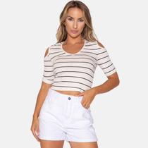 Blusa Cropped Listrado com elastano