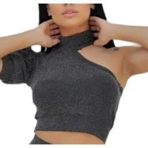 Blusa cropped lurex gola alta um ombro só manga curta bufante moda feminina fashion