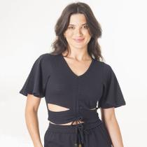 Blusa Cropped Malha Crochê Com Abertura E Ajuste Manga Flare