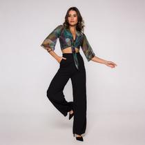 Blusa Cropped Manga 3/4 com amarração frontal em tule estamp