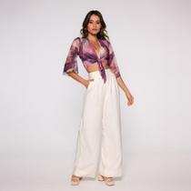 Blusa Cropped Manga 3/4 com amarração frontal em tule estamp Blusa Cropped Manga 3/4 com amarração frontal em tule estamp