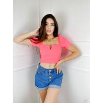 Blusa cropped manga bufante decote V com bojo poliéster moda feminina