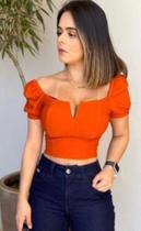 Blusa cropped manga bufante decote V feminino