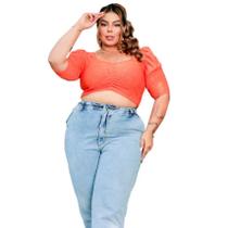 Blusa cropped manga curta bufante decote drapeado laise plus size feminino básico