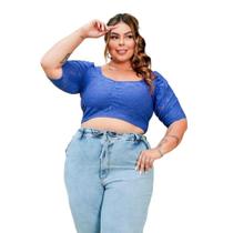 Blusa cropped manga curta bufante decote drapeado laise plus size