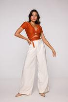 Blusa Cropped Manga Curta Cadarço Transpassado Cintura