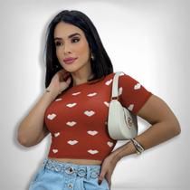 Blusa Cropped Manga Curta Coração Tricot Modal Blogueira
