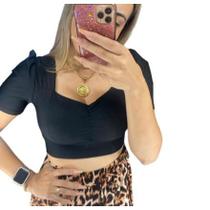 Blusa cropped manga curta drapeado poliéster feminina fashion tendência