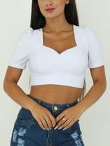 Blusa cropped manga curta drapeado poliéster feminino estilo