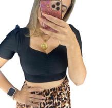 Blusa cropped manga curta drapeado poliéster novidade feminina