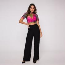 Blusa Cropped Manga Curta em Tule Estampado