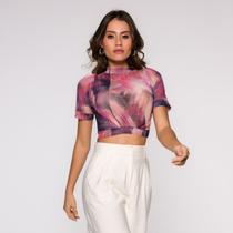 Blusa Cropped Manga Curta em Tule Estampado Blusa Cropped Manga Curta em Tule Estampado