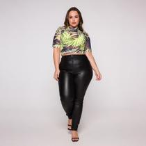 Blusa Cropped Manga Curta em Tule Estampado