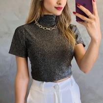 Blusa cropped manga curta gola alta poliamida lurex moda feminina