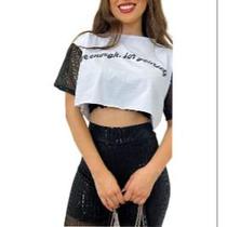 Blusa cropped manga curta paetê viscolycra novidade feminina