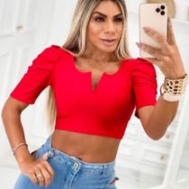 Blusa cropped manga curta princesa decote V feminino