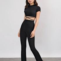 Blusa cropped manga curta trançado canelado estilo feminino