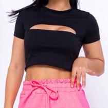 Blusa Cropped manga curtinha tecido canelado decote gota feminino