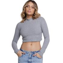 Blusa Cropped Manga Longa Canelado Gola Alta Vekyo Conforto Blogueira Moda Casual