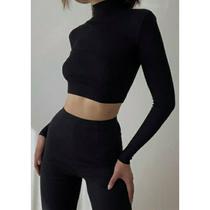 Blusa Cropped Manga Longa Comprida Gola Alta