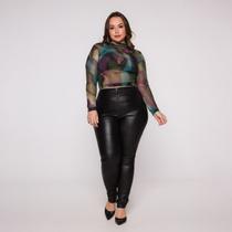 Blusa Cropped Manga Longa e Gola alta em Tule Estampado