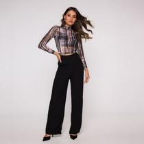 Blusa Cropped Manga Longa e Gola alta em Tule Estampado Blusa Cropped Manga Longa e Gola alta em Tule Estampado