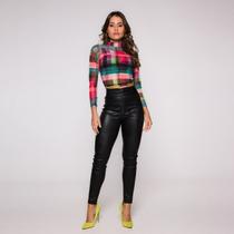 Blusa Cropped Manga Longa e Gola alta em Tule Estampado