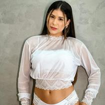 Blusa cropped manga longa gola alta de tule mais corpo Blusa cropped manga longa gola alta de tule mais corpo