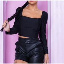 Blusa Cropped manga longa princesa decote reto com bojo feminina com estilo