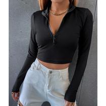 Blusa cropped manga longa tecido canelado decote zíper com bojo feminina