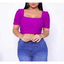 Blusa Cropped manga princesa decote reto poliéster feminino tendência