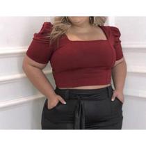 Blusa cropped manga princesa reto plus size feminino tendência