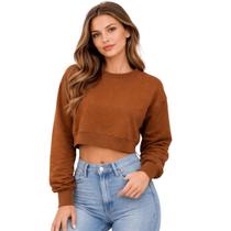 Blusa Cropped Moletom Manga Longa Básica Feminina Lunender 00083 Marrom