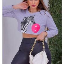 Blusa cropped moletom manga longa zebra babaloo feminina