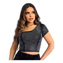 Blusa Cropped Nula Manga Com Brilho Strass Festas Luxo