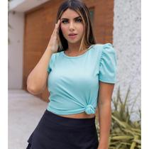 Blusa Cropped onça manga curta princesa decote reto roupa feminina