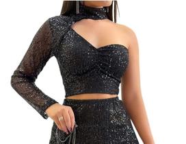 Blusa Cropped Paetê Feminino CurtoTop Mula Manca Moda Luxo Blusa Cropped Paetê Feminino CurtoTop Mula Manca Moda Luxo