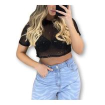 Blusa cropped paete manga curta moda fashion