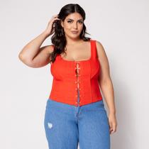 Blusa Cropped Plus Corset com Colchetes e Bojo Laranja Blusa Cropped Plus Corset com Colchetes e Bojo Laranja
