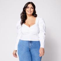 Blusa Cropped Plus Manga Longa Decote Franzido com Bojo Branco Blusa Cropped Plus Manga Longa Decote Franzido com Bojo Branco