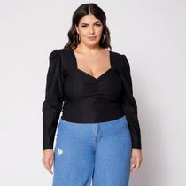 Blusa Cropped Plus Manga Longa Decote Franzido com Bojo Preto